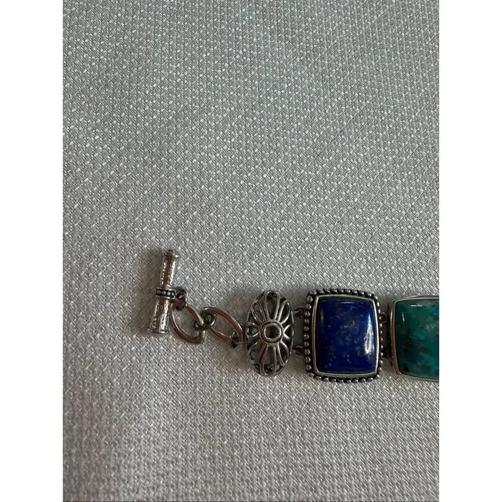 ATI Sterling Silver 925 Lapis Lazuli Turquoise Cabochon Panel Toggle Bracelet